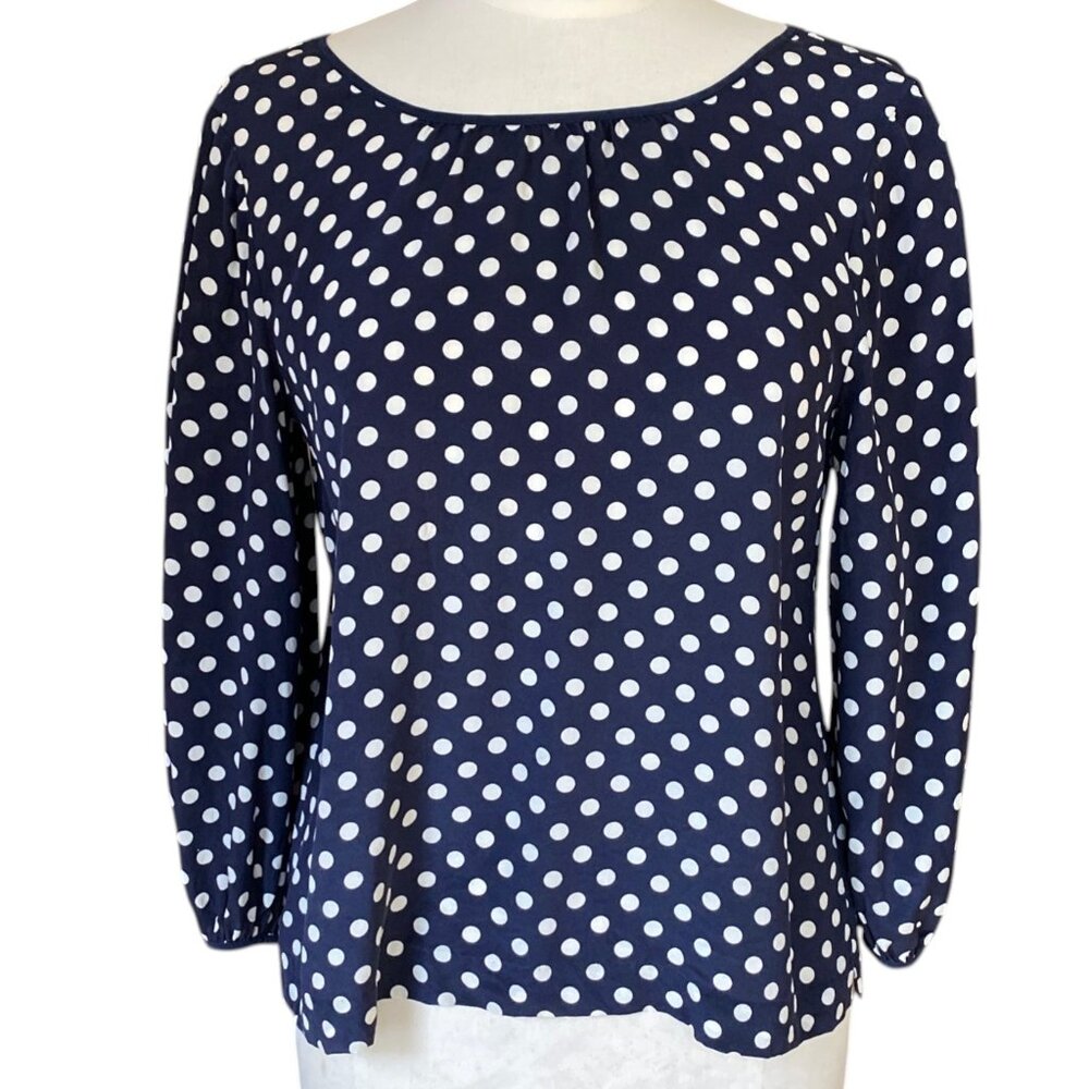 J Crew 100% Silk Polka Dot Top Navy White Tie Back Euro Summer Quiet Luxury-6